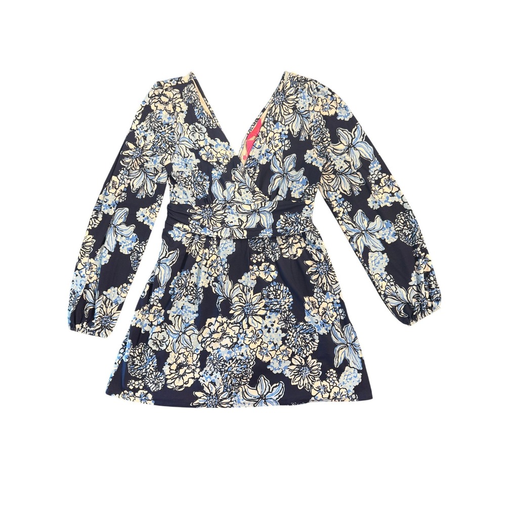 Lilly Pulitzer Riza Long Sleeve Romper Low Tide Navy Bouquet All Day - Large NWT